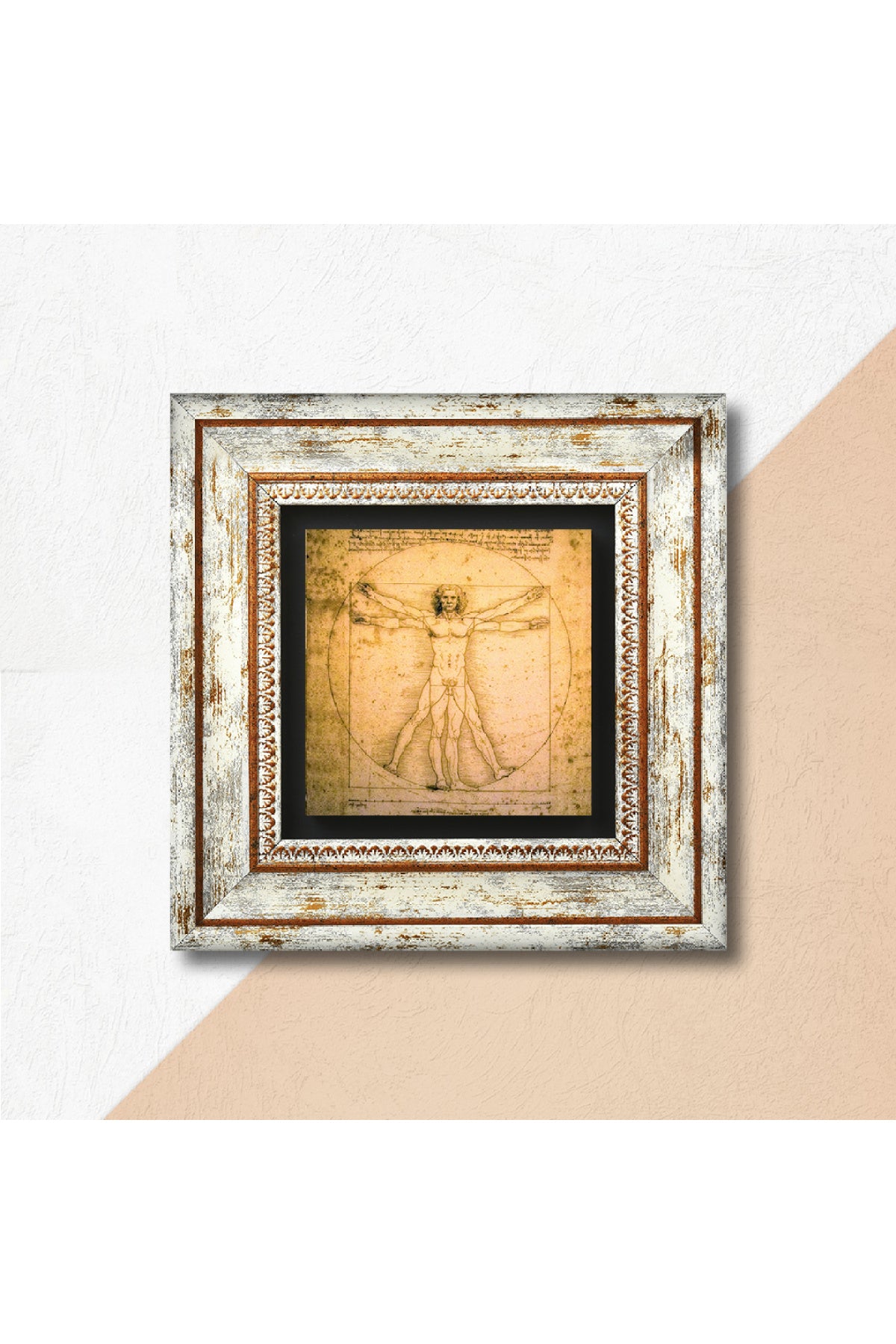 Leonardo da Vinci Vitruvius Adamı Taş Duvar Tablosu - Çerçeveli Taş Tablo - Dekoratif Duvar Sanatı - Modern Ev ve Ofis Duvar Dekoru TK1-17