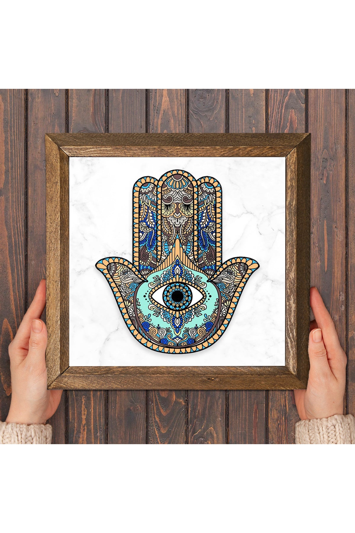 Fatma Ana Eli (Hamsa) Taş Duvar Tablosu - Ahşap Çerçeveli Taş Tablo - 25x25 cm - Dekoratif Duvar Sanatı - Modern Ev ve Ofis Duvar Dekoru -W1-01