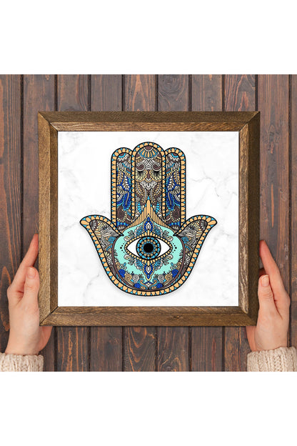 Fatma Ana Eli (Hamsa) Taş Duvar Tablosu - Ahşap Çerçeveli Taş Tablo - 25x25 cm - Dekoratif Duvar Sanatı - Modern Ev ve Ofis Duvar Dekoru -W1-01