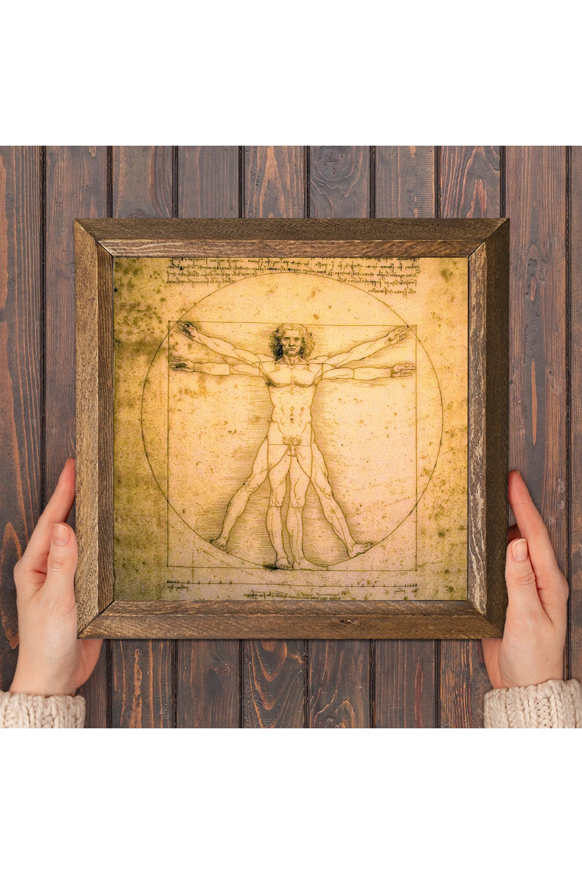 Leonardo da Vinci Vitruvius Adamı Taş Duvar Tablosu - Ahşap Çerçeveli Taş Tablo - 25x25 cm - Dekoratif Duvar Sanatı - Modern Ev ve Ofis Duvar Dekoru -W1-17