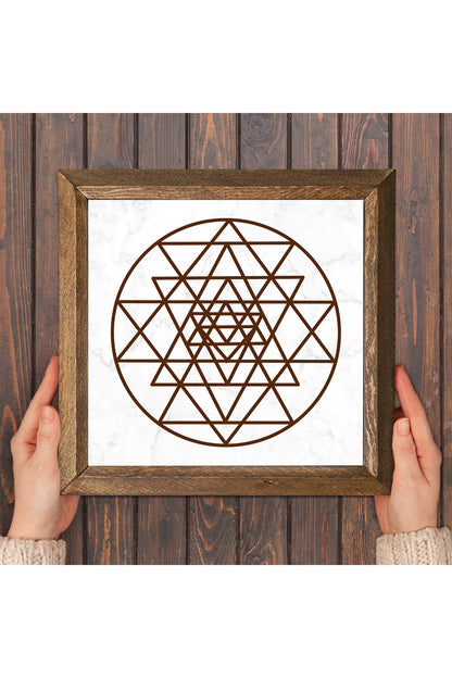 Sri Yantra Taş Duvar Tablosu - Ahşap Çerçeveli Taş Tablo - 25x25 cm - Dekoratif Duvar Sanatı - Modern Ev ve Ofis Duvar Dekoru -W1-175