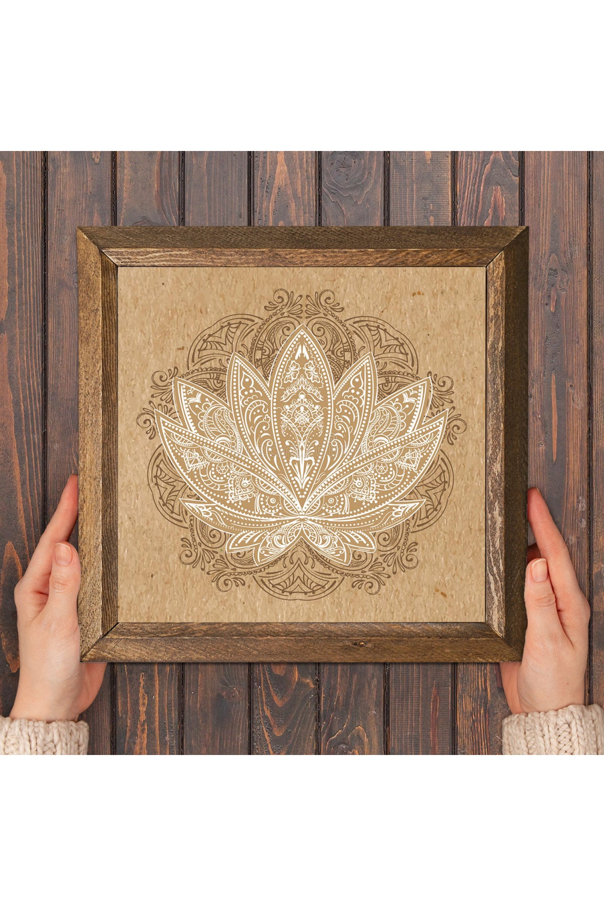 Lotus Çiçeği Taş Duvar Tablosu - Ahşap Çerçeveli Taş Tablo - 25x25 cm - Dekoratif Duvar Sanatı - Modern Ev ve Ofis Duvar Dekoru -W1-178