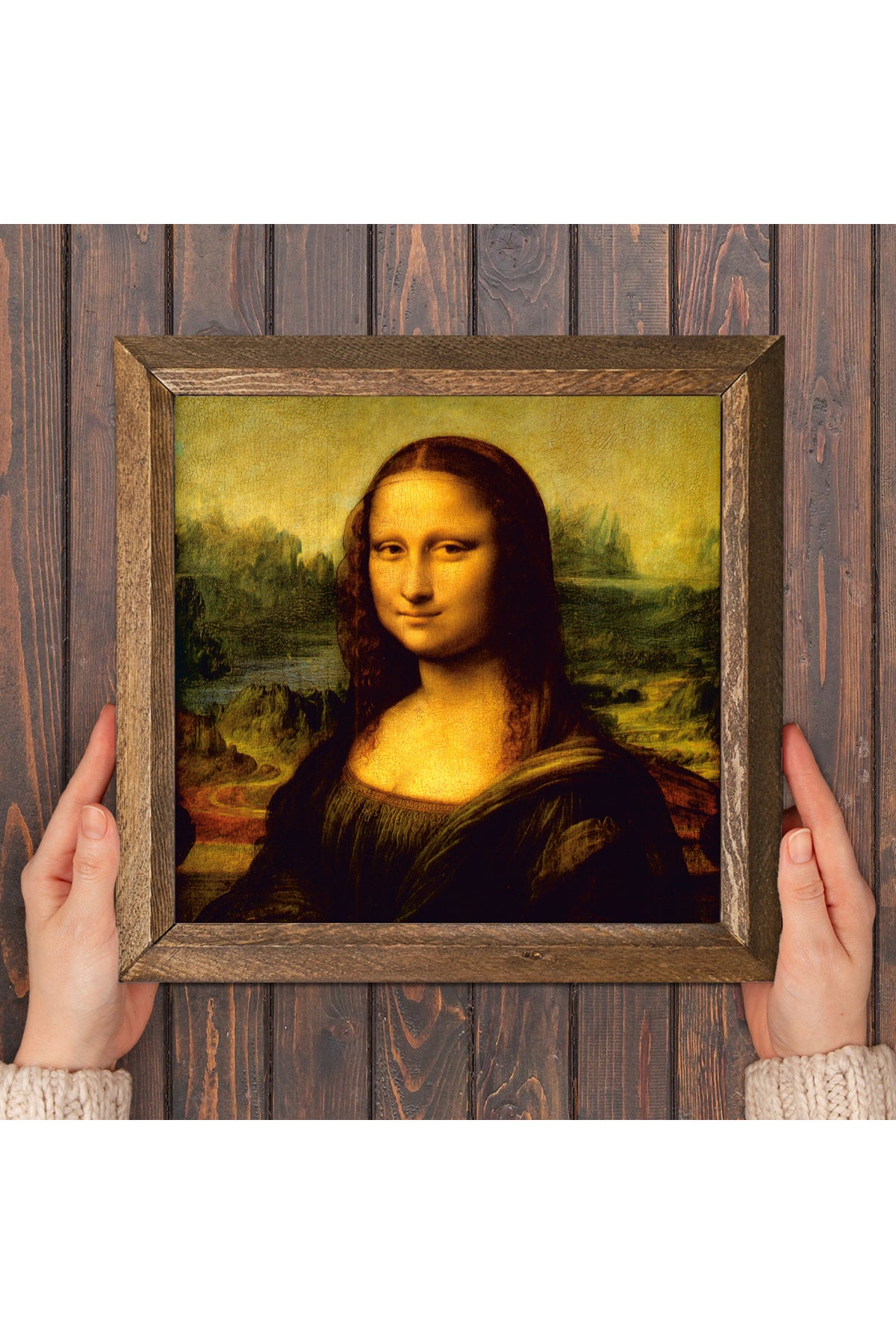 Leonardo da Vinci Mona Lisa Taş Duvar Tablosu - Ahşap Çerçeveli Taş Tablo - 25x25 cm - Dekoratif Duvar Sanatı - Modern Ev ve Ofis Duvar Dekoru -W1-19