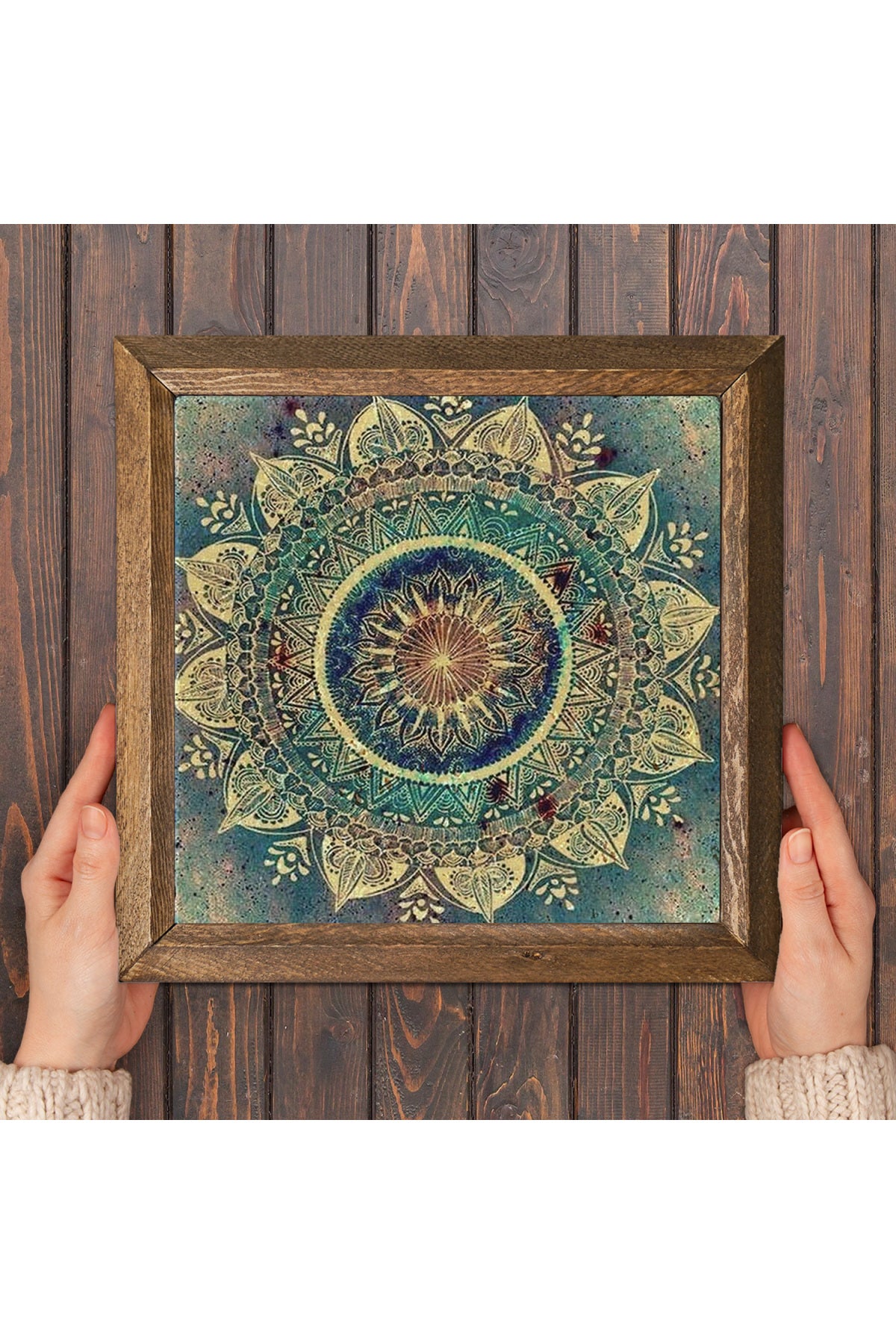 Mandala Taş Duvar Tablosu - Ahşap Çerçeveli Taş Tablo - 25x25 cm - Dekoratif Duvar Sanatı - Modern Ev ve Ofis Duvar Dekoru -W1-231