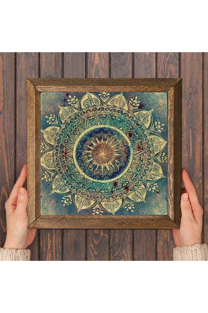 Mandala Taş Duvar Tablosu - Ahşap Çerçeveli Taş Tablo - 25x25 cm - Dekoratif Duvar Sanatı - Modern Ev ve Ofis Duvar Dekoru -W1-231