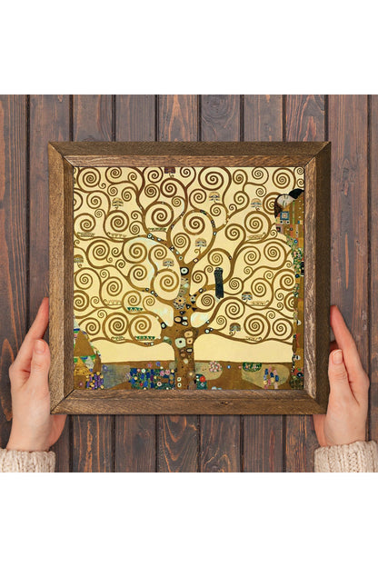 Gustav Klimt Hayat Ağacı Taş Duvar Tablosu - Ahşap Çerçeveli Taş Tablo - 25x25 cm - Dekoratif Duvar Sanatı - Modern Ev ve Ofis Duvar Dekoru -W1-24