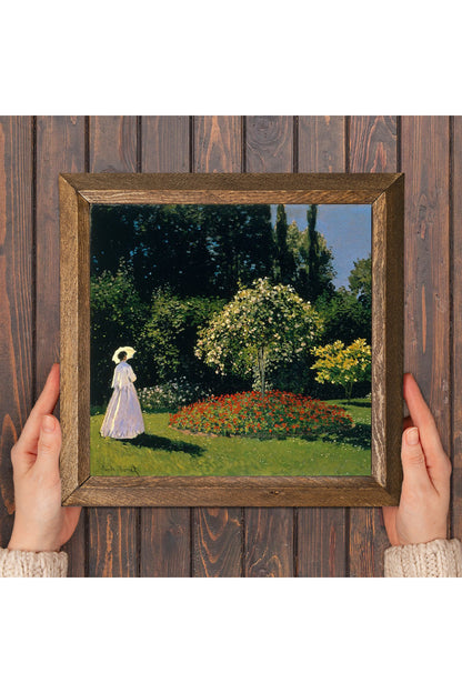 Claude Monet Bahçedeki Kadın Taş Duvar Tablosu - Ahşap Çerçeveli Taş Tablo - 25x25 cm - Dekoratif Duvar Sanatı, Modern Ev ve Ofis Duvar Dekoru -W1-249