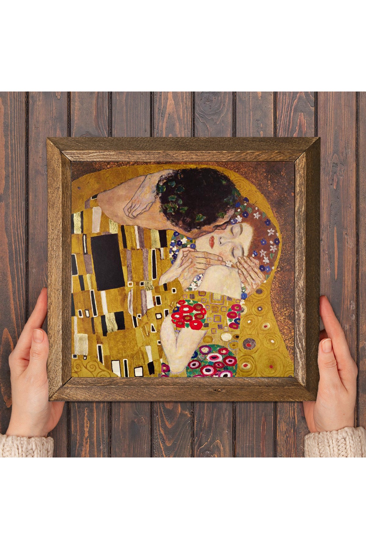 Gustav Klimt Öpücük Taş Duvar Tablosu - Ahşap Çerçeveli Taş Tablo - 25x25 cm - Dekoratif Duvar Sanatı - Modern Ev ve Ofis Duvar Dekoru -W1-25