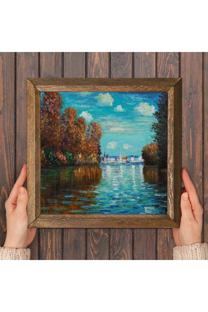 Claude Monet Sonbahar Taş Duvar Tablosu - Ahşap Çerçeveli Taş Tablo - 25x25 cm - Dekoratif Duvar Sanatı - Modern Ev ve Ofis Duvar Dekoru -W1-254