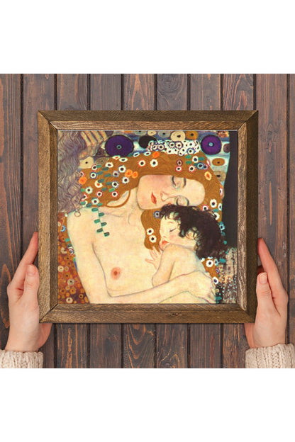 Gustav Klimt Anne Çocuk Taş Duvar Tablosu - Ahşap Çerçeveli Taş Tablo - 25x25 cm - Dekoratif Duvar Sanatı - Modern Ev ve Ofis Duvar Dekoru -W1-26