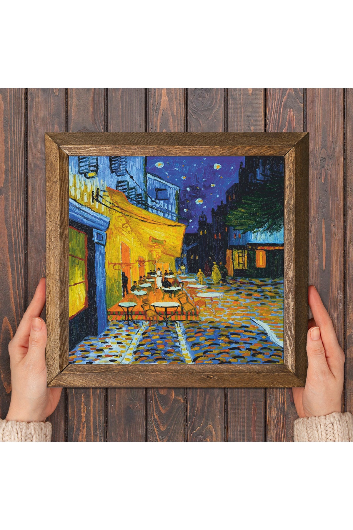 Vincent van Gogh Kafe Terasta Gece Taş Duvar Tablosu - Ahşap Çerçeveli Taş Tablo - 25x25 cm - Dekoratif Duvar Sanatı - Modern Ev ve Ofis Duvar Dekoru -W1-279