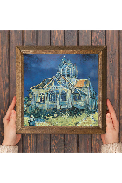 Vincent van Gogh Auvers'deki Kilise Taş Duvar Tablosu - Ahşap Çerçeveli Taş Tablo - 25x25 cm - Dekoratif Duvar Sanatı - Modern Ev ve Ofis Duvar Dekoru -W1-289