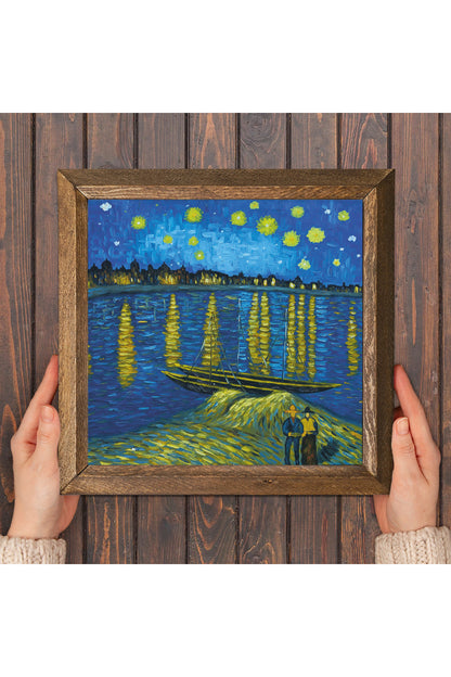 Vincent van Gogh Ren Nehri’nde Yıldızlı Bir Gece Taş Duvar Tablosu - Ahşap Çerçeveli Taş Tablo - 25x25 cm - Dekoratif Duvar Sanatı - Modern Ev ve Ofis Duvar Dekoru -W1-293