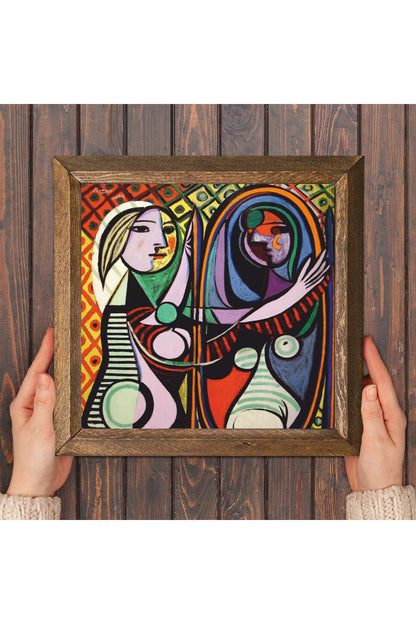 Pablo Picasso Ayna Karşısındaki Kız Taş Duvar Tablosu - Ahşap Çerçeveli Taş Tablo - 25x25 cm - Dekoratif Duvar Sanatı - Modern Ev ve Ofis Duvar Dekoru -W1-301