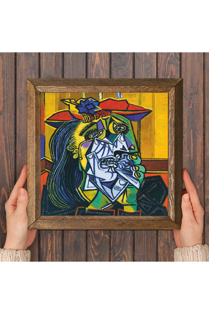Pablo Picasso Ağlayan Kadın Taş Duvar Tablosu - Ahşap Çerçeveli Taş Tablo - 25x25 cm - Dekoratif Duvar Sanatı - Modern Ev ve Ofis Duvar Dekoru -W1-304