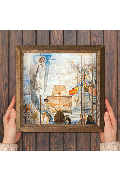 Salvador Dalí Amerika’nın Kristof Kolomb Tarafından Keşfi Taş Duvar Tablosu - Ahşap Çerçeveli Taş Tablo - 25x25 cm - Dekoratif Duvar Sanatı - Modern Ev ve Ofis Duvar Dekoru -W1-305