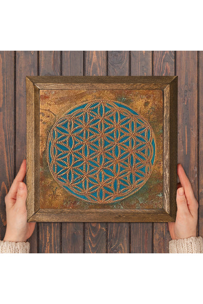 Yaşam Çiçeği Taş Duvar Tablosu - Ahşap Çerçeveli Taş Tablo - 25x25 cm - Dekoratif Duvar Sanatı - Modern Ev ve Ofis Duvar Dekoru -W1-317