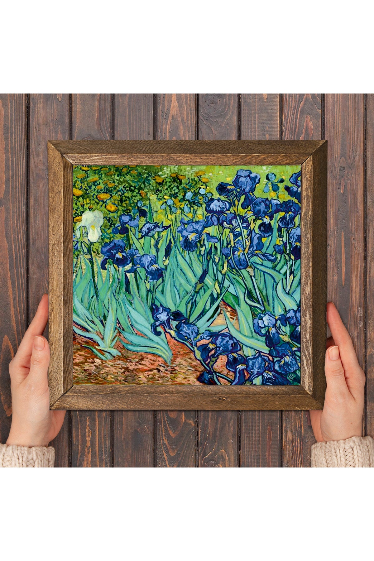 Vincent van Gogh İrisler Taş Duvar Tablosu - Ahşap Çerçeveli Taş Tablo - 25x25 cm - Dekoratif Duvar Sanatı - Modern Ev ve Ofis Duvar Dekoru -W1-66