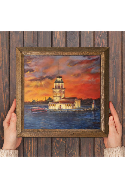 İstanbul Kız Kulesi Taş Duvar Tablosu - Ahşap Çerçeveli Taş Tablo - 25x25 cm - Dekoratif Duvar Sanatı - Modern Ev ve Ofis Duvar Dekoru -W1-88