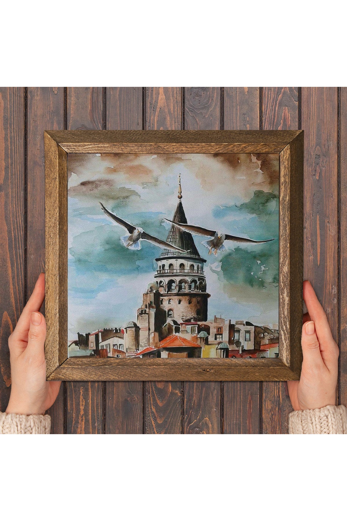 İstanbul Galata Kulesi Taş Duvar Tablosu - Ahşap Çerçeveli Taş Tablo - 25x25 cm - Dekoratif Duvar Sanatı - Modern Ev ve Ofis Duvar Dekoru -W1-89