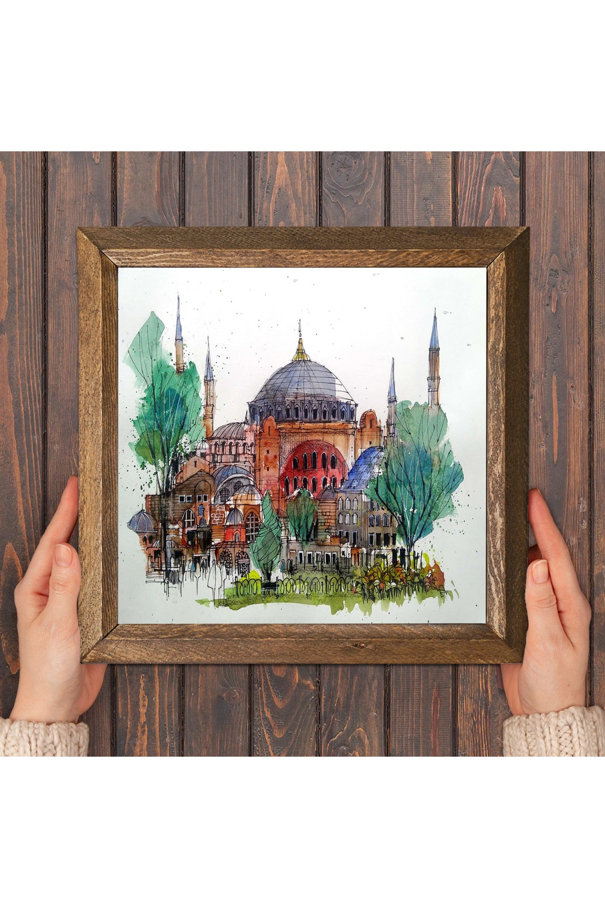 İstanbul Ayasofya Taş Duvar Tablosu - Ahşap Çerçeveli Taş Tablo - 25x25 cm - Dekoratif Duvar Sanatı - Modern Ev ve Ofis Duvar Dekoru -W1-90