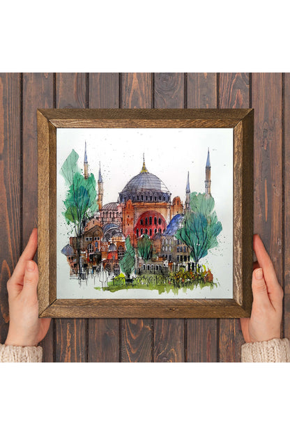 İstanbul Ayasofya Taş Duvar Tablosu - Ahşap Çerçeveli Taş Tablo - 25x25 cm - Dekoratif Duvar Sanatı - Modern Ev ve Ofis Duvar Dekoru -W1-90