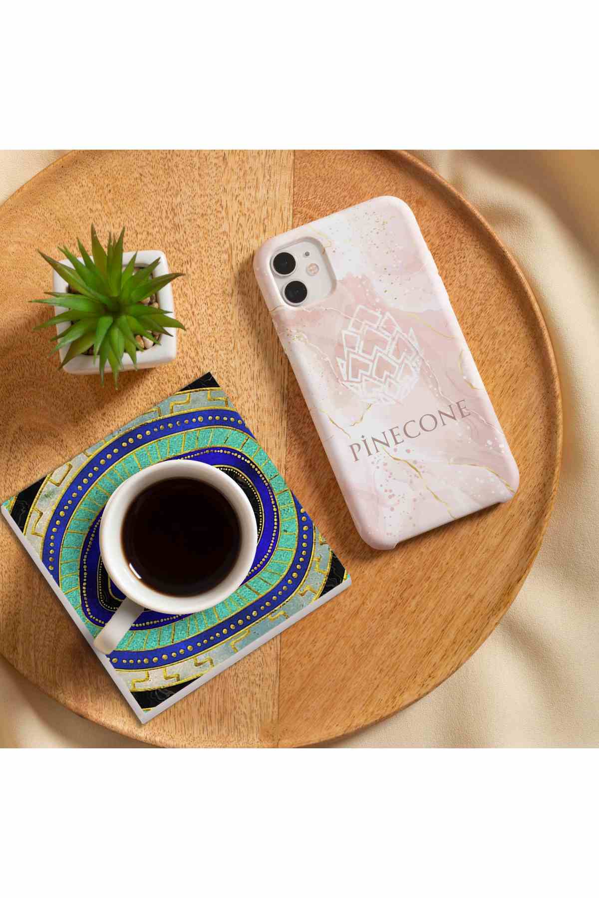 Pinecone Nazar, Yaşam Çiçeği Taş Bardak Altlığı Seti - 4 Parça - Dekoratif, Rustik Mutfak Aksesuarı, 10x10 cm, Kaydırmaz Tabanlı, Şık ve Dayanıklı SC123