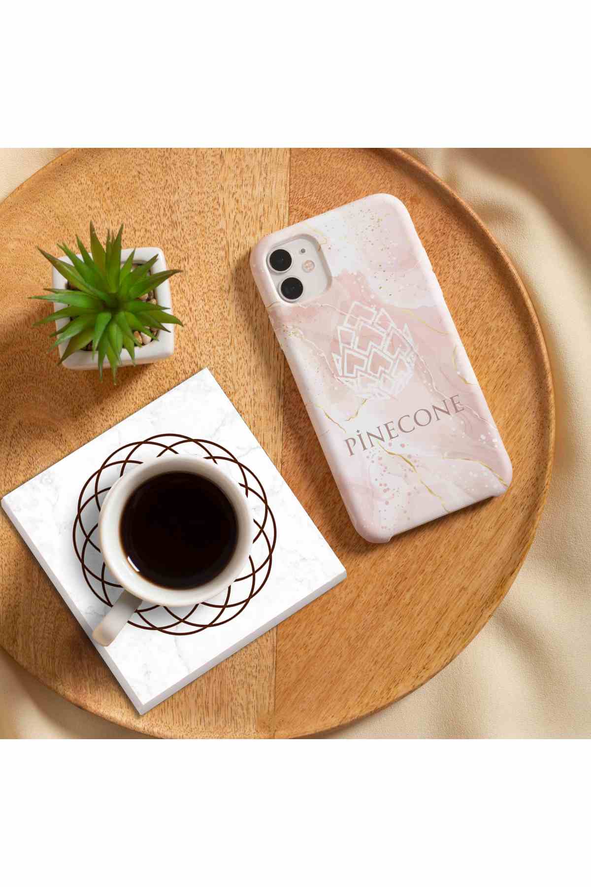 Pinecone Yaprak, Yaşam Çiçeği Taş Bardak Altlığı Seti - 4 Parça - Dekoratif, Rustik Mutfak Aksesuarı, 10x10 cm, Kaydırmaz Tabanlı, Şık ve Dayanıklı SC135