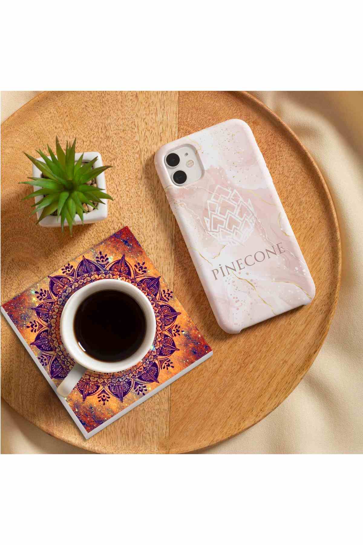 Pinecone Mandala, Sri Yantra, Yaşam Çiçeği Taş Bardak Altlığı Seti - 4 Parça - Dekoratif, Rustik Mutfak Aksesuarı, 10x10 cm, Kaydırmaz Tabanlı, Şık ve Dayanıklı SC164