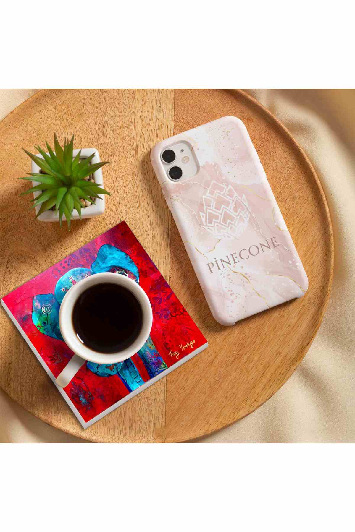 Pinecone Nazar, Fil, Fatma Ana Eli (Hamsa), Nar Taş Bardak Altlığı Seti - 4 Parça - Dekoratif, Rustik Mutfak Aksesuarı, 10x10 cm, Kaydırmaz Tabanlı, Şık ve Dayanıklı SC206