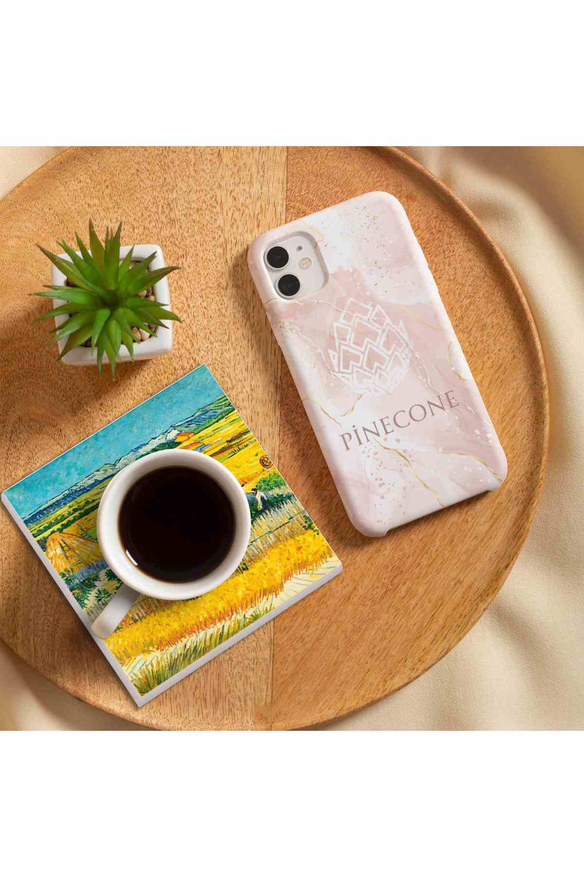 Pinecone Van Gogh Hasat Manzarası, Yıldızlı Yol, Buğday Tarlası ve Kargalar, Kilise Taş Bardak Altlığı Seti - 4 Parça - Dekoratif, Rustik Mutfak Aksesuarı, 10x10 cm, Kaydırmaz TabanlıSC225