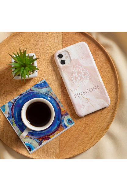 Pinecone Nazar, Yaşam Çiçeği, Mandala Taş Bardak Altlığı Seti - 4 Parça - Dekoratif, Rustik Mutfak Aksesuarı, 10x10 cm, Kaydırmaz Tabanlı, Şık ve Dayanıklı SC478