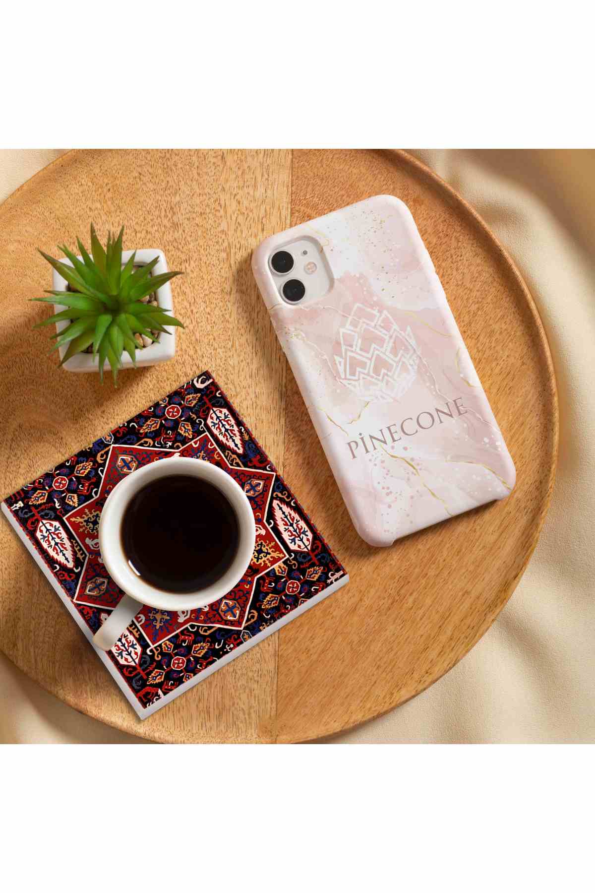 Pinecone Vintage Çiçek, Desen Taş Bardak Altlığı Seti - 4 Parça - Dekoratif, Rustik Mutfak Aksesuarı, 10x10 cm, Kaydırmaz Tabanlı, Şık ve Dayanıklı SC501