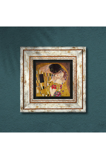 Gustav Klimt Öpücük Taş Duvar Tablosu - Çerçeveli Taş Tablo - Dekoratif Duvar Sanatı - Modern Ev ve Ofis Duvar Dekoru TK1-25