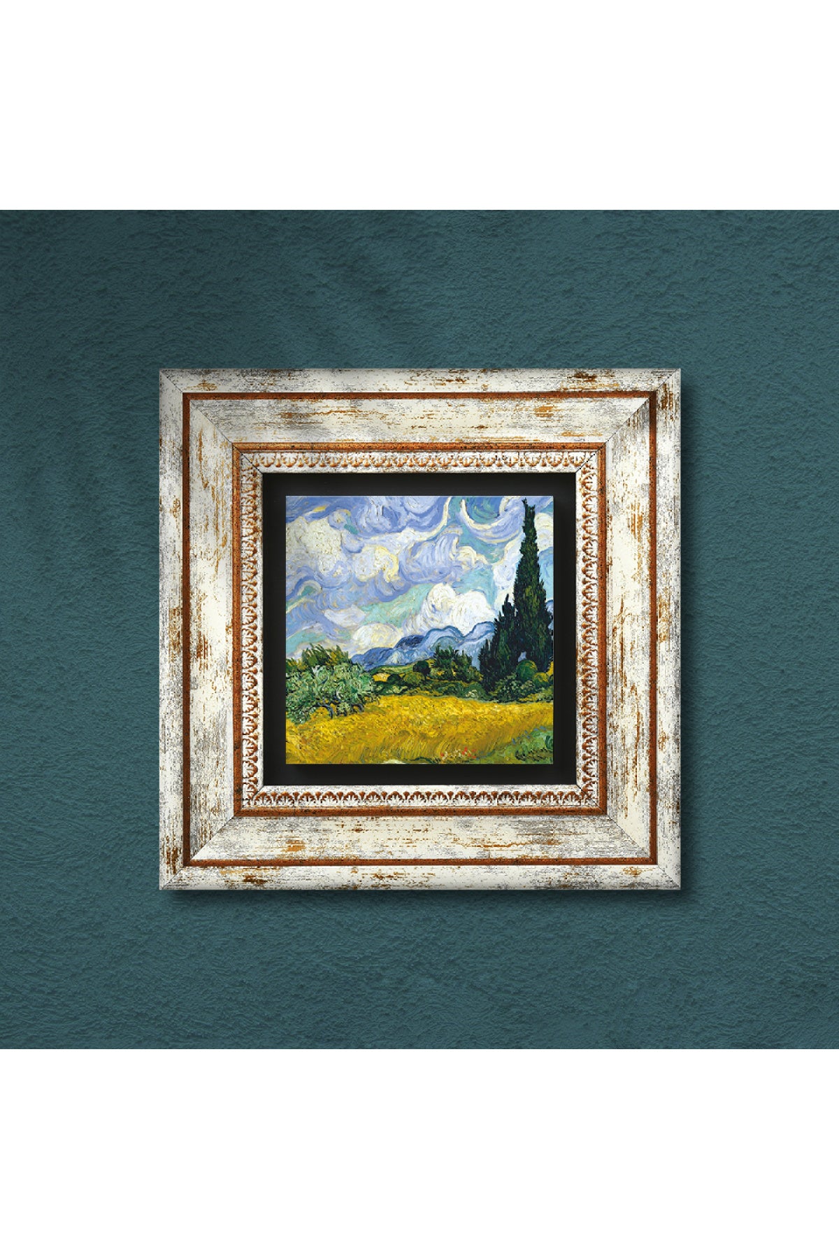Van Gogh Selvi Ağaçlı Buğday Tarlası Taş Duvar Tablosu - Çerçeveli Taş Tablo - Dekoratif Duvar Sanatı - Modern Ev ve Ofis Duvar Dekoru TK1-298