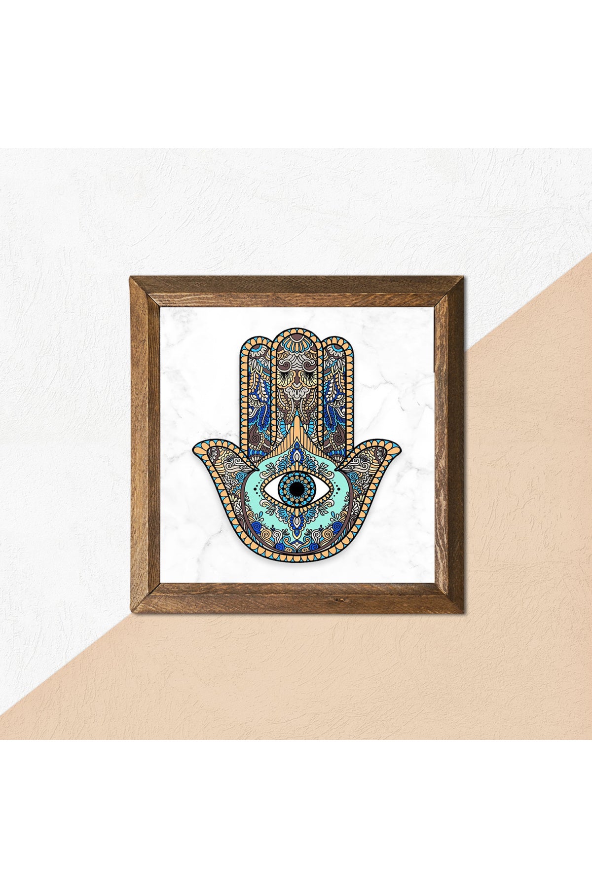 Fatma Ana Eli (Hamsa) Taş Duvar Tablosu - Ahşap Çerçeveli Taş Tablo - 25x25 cm - Dekoratif Duvar Sanatı - Modern Ev ve Ofis Duvar Dekoru -W1-01