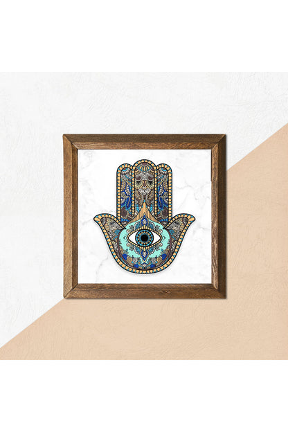 Fatma Ana Eli (Hamsa) Taş Duvar Tablosu - Ahşap Çerçeveli Taş Tablo - 25x25 cm - Dekoratif Duvar Sanatı - Modern Ev ve Ofis Duvar Dekoru -W1-01