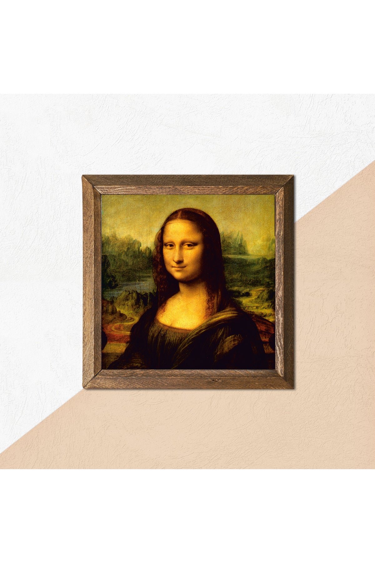 Leonardo da Vinci Mona Lisa Taş Duvar Tablosu - Ahşap Çerçeveli Taş Tablo - 25x25 cm - Dekoratif Duvar Sanatı - Modern Ev ve Ofis Duvar Dekoru -W1-19