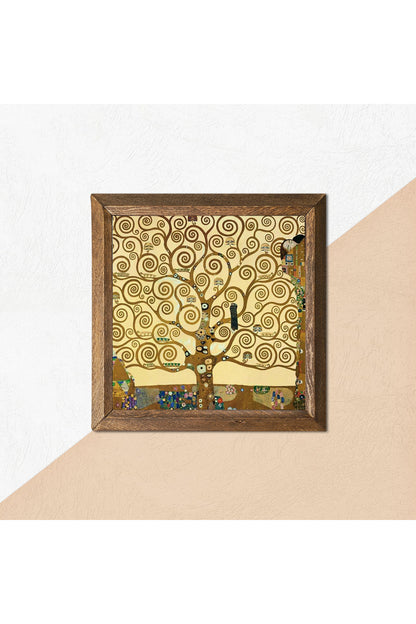 Gustav Klimt Hayat Ağacı Taş Duvar Tablosu - Ahşap Çerçeveli Taş Tablo - 25x25 cm - Dekoratif Duvar Sanatı - Modern Ev ve Ofis Duvar Dekoru -W1-24
