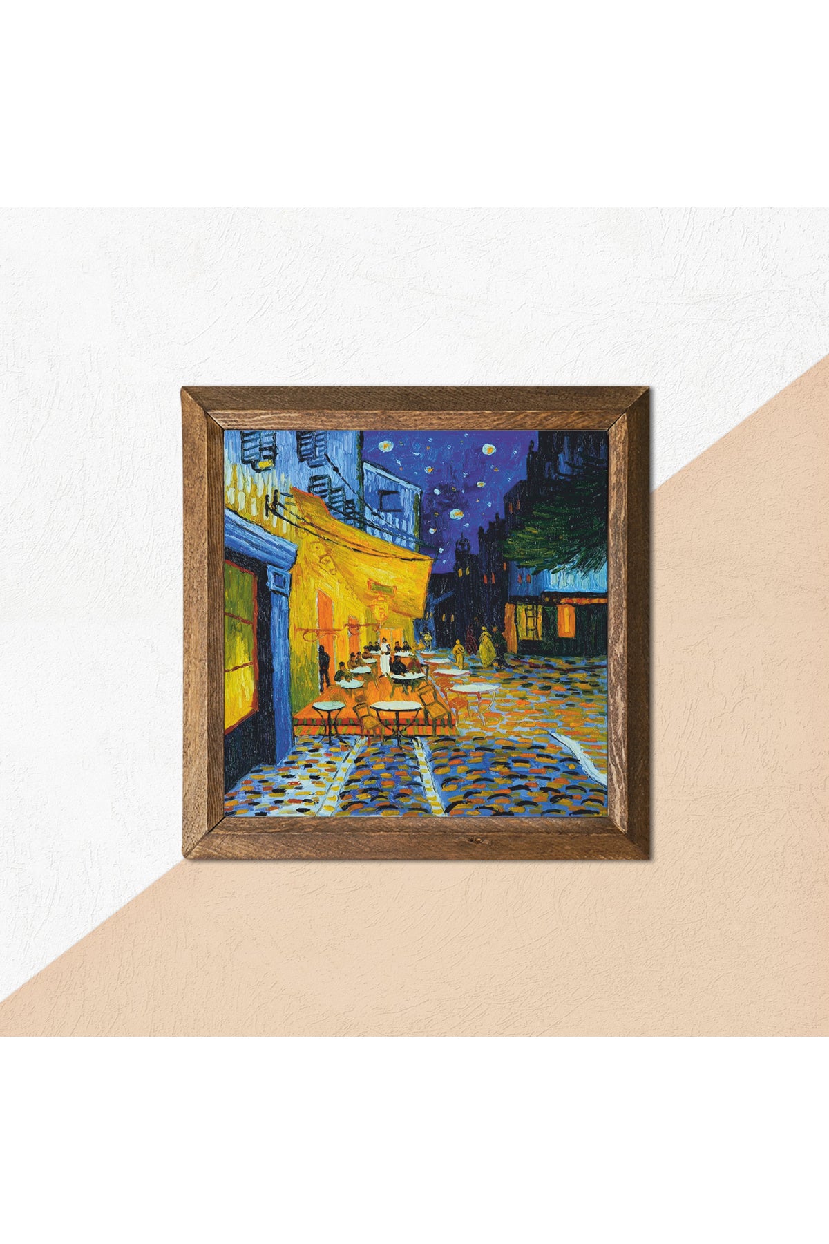 Vincent van Gogh Kafe Terasta Gece Taş Duvar Tablosu - Ahşap Çerçeveli Taş Tablo - 25x25 cm - Dekoratif Duvar Sanatı - Modern Ev ve Ofis Duvar Dekoru -W1-279