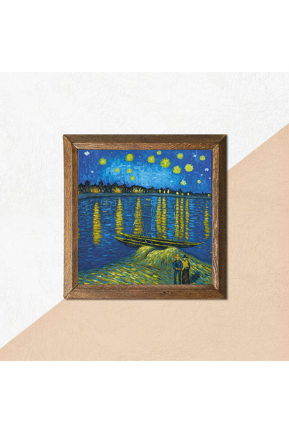 Vincent van Gogh Ren Nehri’nde Yıldızlı Bir Gece Taş Duvar Tablosu - Ahşap Çerçeveli Taş Tablo - 25x25 cm - Dekoratif Duvar Sanatı - Modern Ev ve Ofis Duvar Dekoru -W1-293