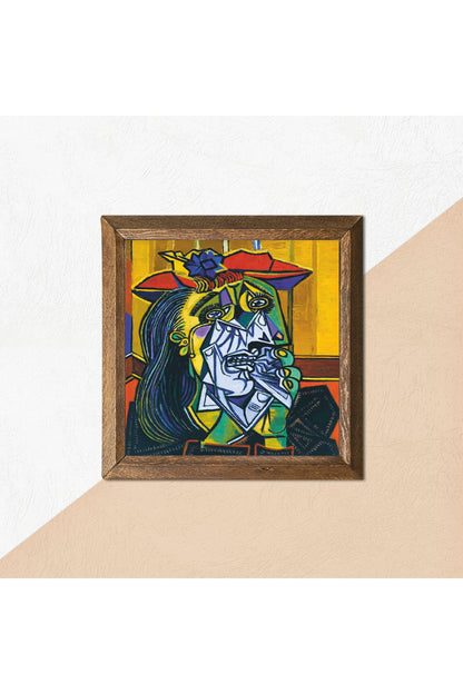 Pablo Picasso Ağlayan Kadın Taş Duvar Tablosu - Ahşap Çerçeveli Taş Tablo - 25x25 cm - Dekoratif Duvar Sanatı - Modern Ev ve Ofis Duvar Dekoru -W1-304