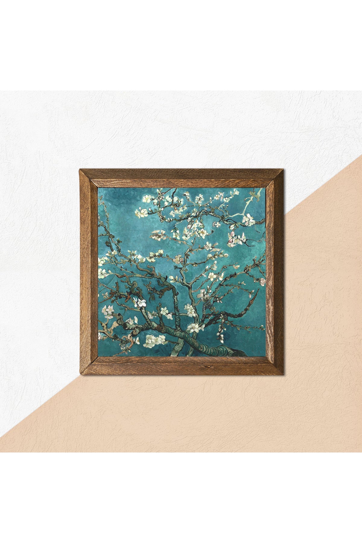 Vincent van Gogh Badem Ağacı Taş Duvar Tablosu - Ahşap Çerçeveli Taş Tablo - 25x25 cm - Dekoratif Duvar Sanatı - Modern Ev ve Ofis Duvar Dekoru -W1-64