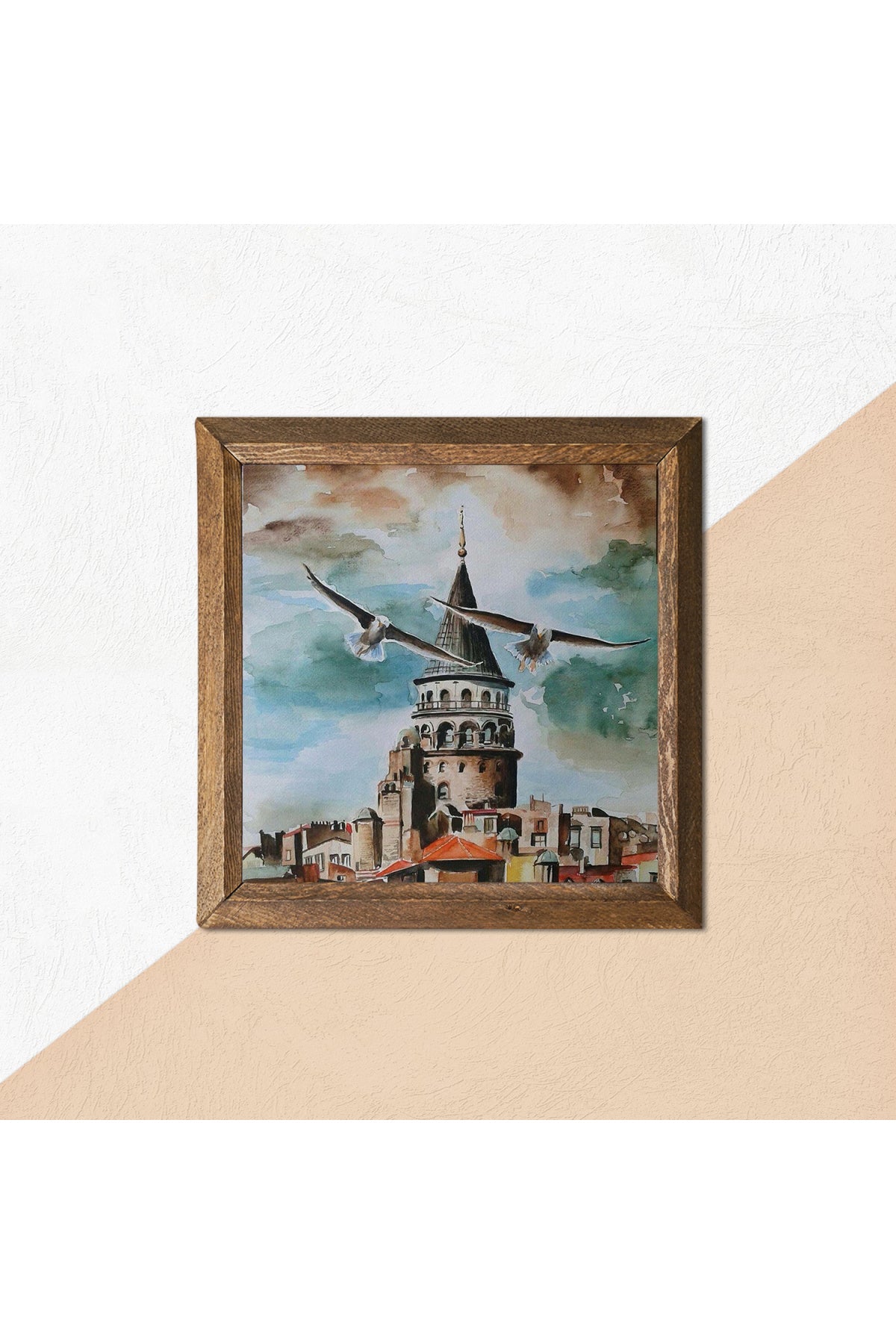 İstanbul Galata Kulesi Taş Duvar Tablosu - Ahşap Çerçeveli Taş Tablo - 25x25 cm - Dekoratif Duvar Sanatı - Modern Ev ve Ofis Duvar Dekoru -W1-89