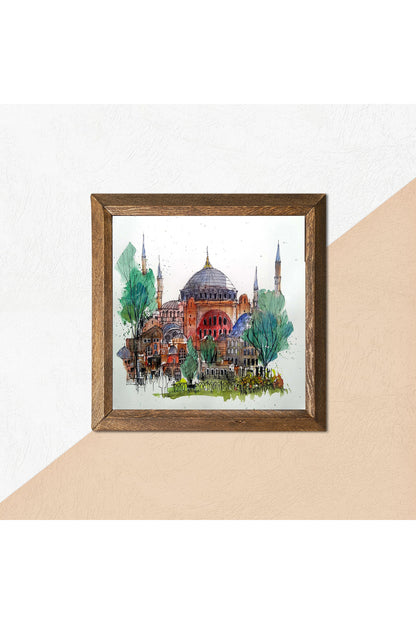 İstanbul Ayasofya Taş Duvar Tablosu - Ahşap Çerçeveli Taş Tablo - 25x25 cm - Dekoratif Duvar Sanatı - Modern Ev ve Ofis Duvar Dekoru -W1-90